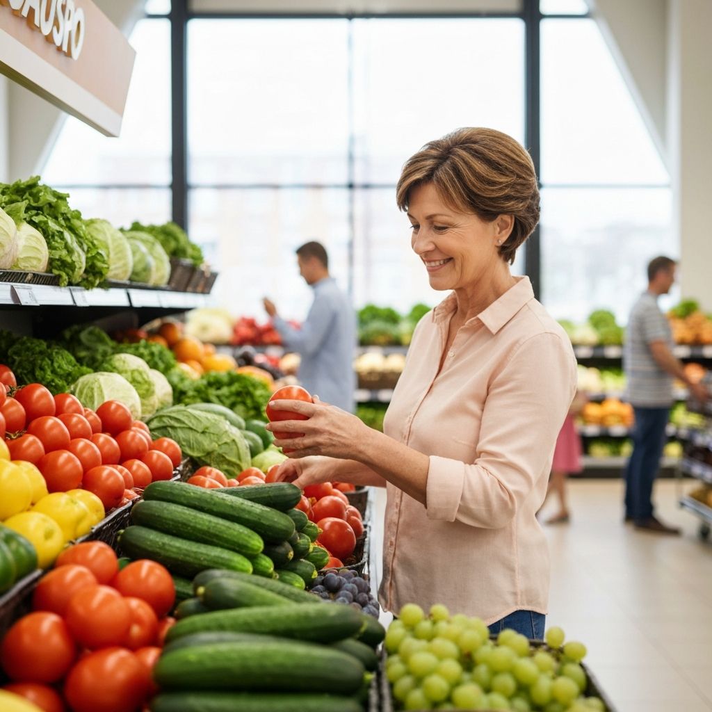 Browsing fresh produce mindfully in a supermarket aisle